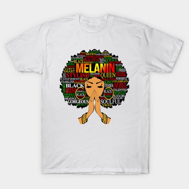 Melanin Words Art Afro Natural Hair Black Queen T-Shirt by StuSpenceart